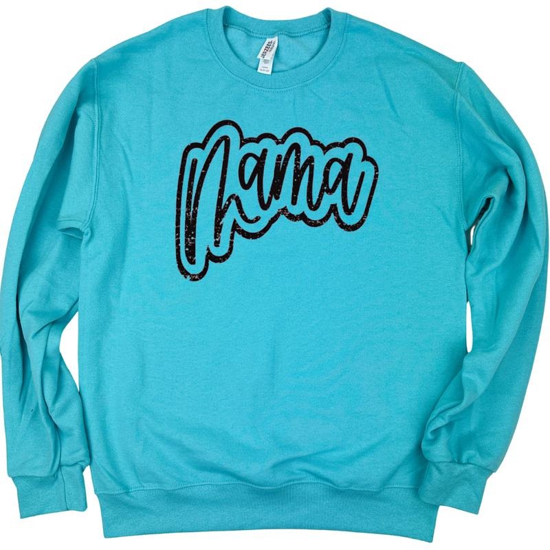 Mama Cursive Distressed GIldan Sweatshirt -- SCUBA BLUE T-Shirts, Hoodie | HypeDripTees.com