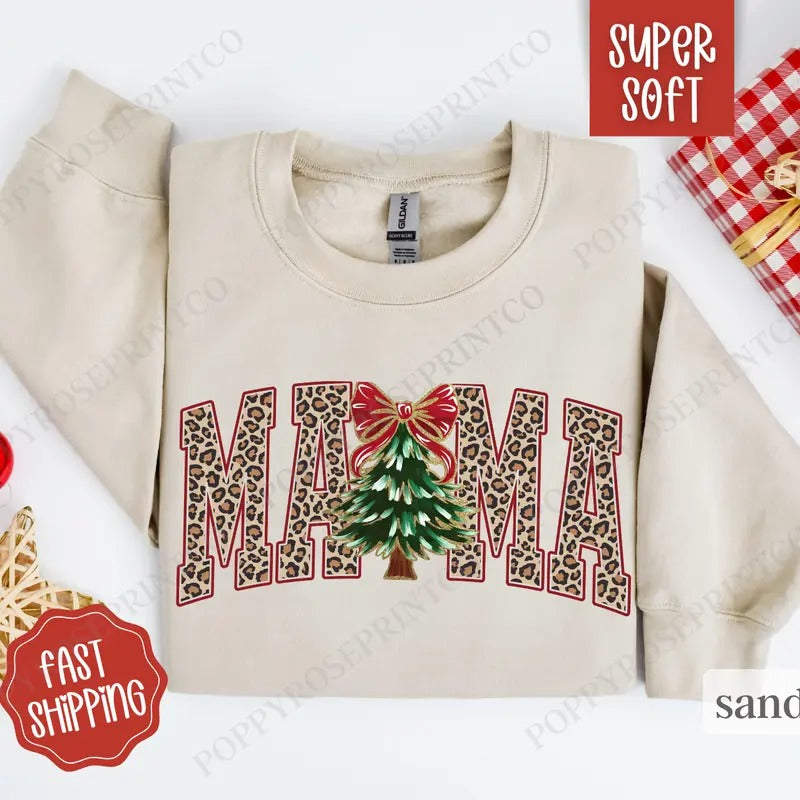 Mama Leopad Christmas Sweatshirt, Mom Christmas Crewneck,  Womens Holiday Sweater T-Shirts, Hoodie | HypeDripTees.com