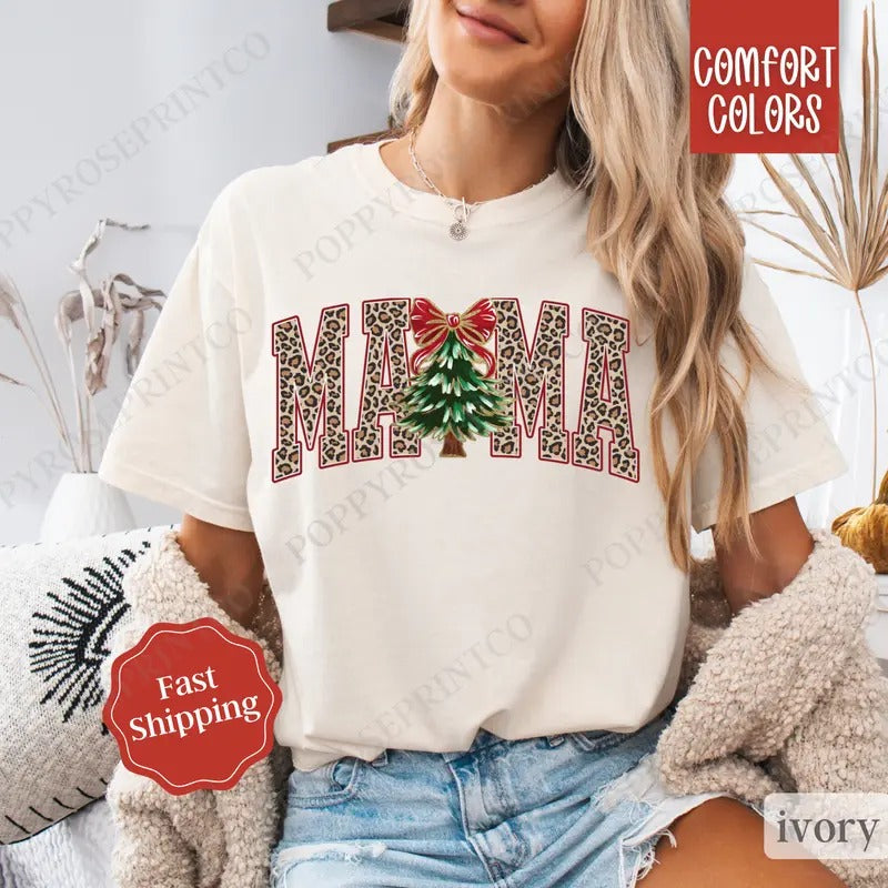 Mama Leopard Christmas Shirt, Mom Christmas Tee,  Womens Holiday Tshirt, Gift for Mom Hoodie, Sweatshirt | HypeDripTees.com