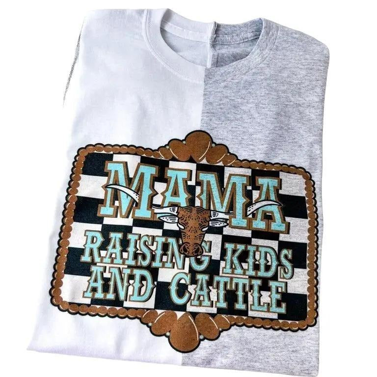 Mama Raising Kids and Cattle Checker Western Colorblock Comfy Unisex T-Shirt Oversized Womenswear Top Hoodie, Sweatshirt