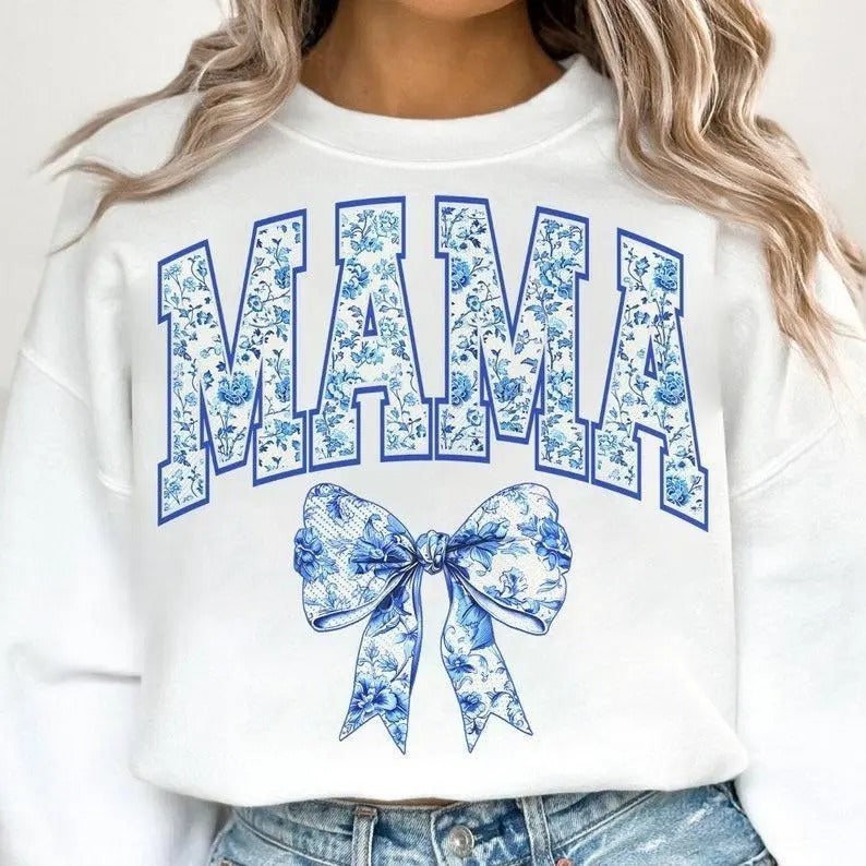 Mama Retro Chinoiserie Coquette Bow Sweater, Mama Coquette Bow Varsity Shirt Hoodie, Sweatshirt | HypeDripTees.com