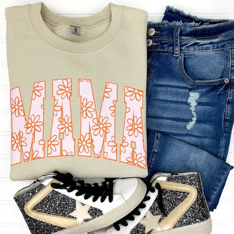 Mama Retro Flowers Gildan Sweatshirt -- SAND T-Shirts, Hoodie | HypeDripTees.com