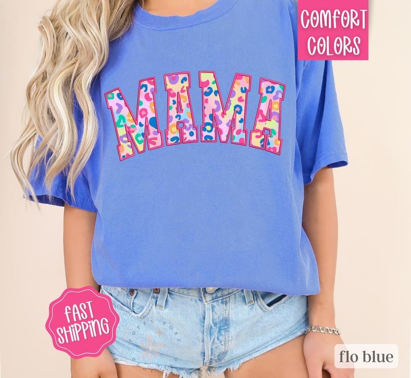 Mama Shirt Comfort Colors, Mother's Day Gift for Mom, Mama Varsity Leopard Letters Shirt, Cute Mom Shirt, Oversized Mama...