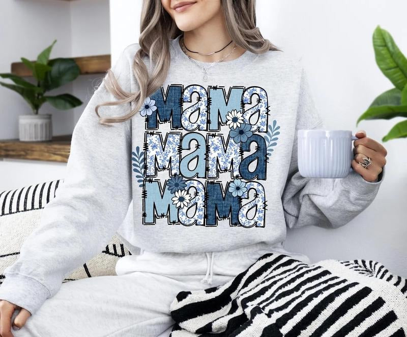 Mama Shirt Crewneck Sweatshirt And T-shirt, Blue Mom shirts, Mother's Day Tee Shirt Sublimation,Gift Mother's Days...