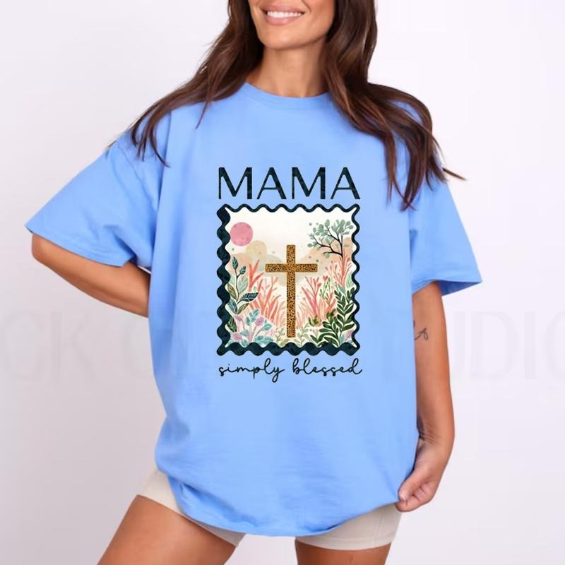 Mama Simple Blessed Christian Graphic Tee Pure Cotton Casual Street Style Crew Neck Short Sleeve T-Shirt Tops Trendy For...