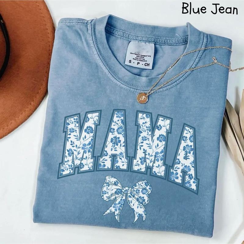 Mama Toile Bow Shirt, Blue Ribbon Shirt, Mothers Day Sweater, Girly Aesthetic Gift For Mom, Cute Mom Sweatshirt,  Mama...