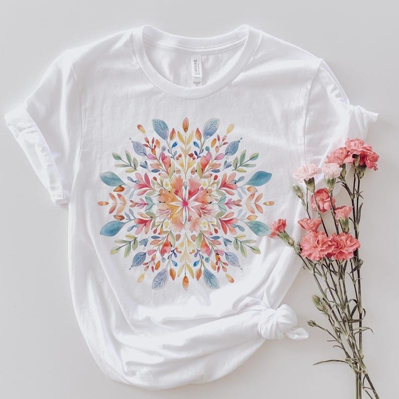 Mandala Tshirt, Floral Mandala T-Shirt, Spring Floral Shirt, Gifts for Her, Flower Shirt, Florist Gift, Gift for Bestie...