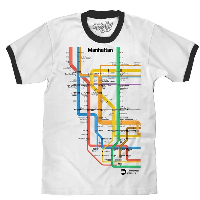 Manhattan Metro Map Ringer T-Shirt - White and Black Hoodie, Sweatshirt | HypeDripTees.com