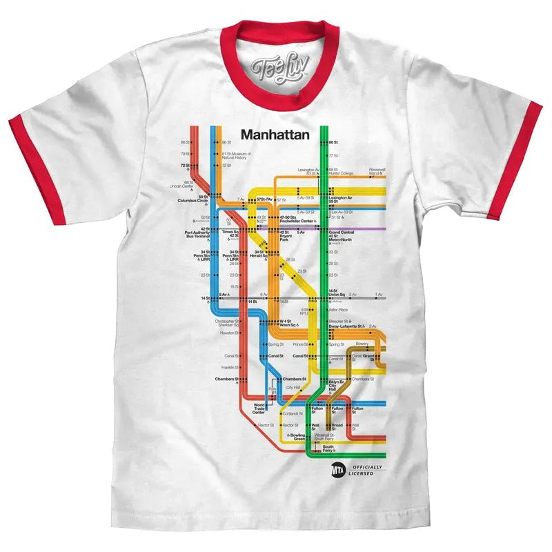 Manhattan Metro Map Ringer T-Shirt - White and Red Hoodie, Sweatshirt | HypeDripTees.com