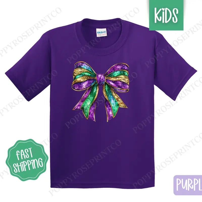 Mardi Gras Bow Kids Shirt - Coquette Children's Tshirt - Cute Youth Tee Gildan Hoodie, Sweatshirt | HypeDripTees.com