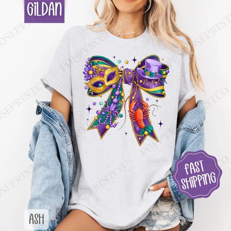 Mardi Gras Bow Shirt Gildan Coquette Mardi Gras Louisiana Plus Sizes T-Shirts, Hoodie, Sweatshirt