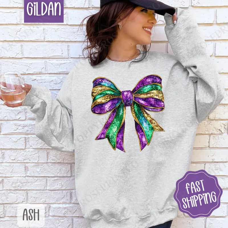 Mardi Gras Bow Sweatshirt, Coquette Fat Tuesday Crewneck, Louisiana Women's Sweater T-Shirts, Hoodie | HypeDripTees.com