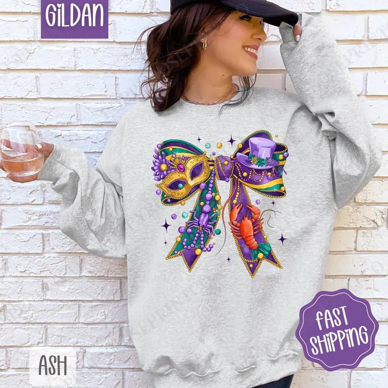 Mardi Gras Bow Sweatshirt, Coquette Mardi Gras Crewneck, Louisiana Women's Sweater T-Shirts, Hoodie | HypeDripTees.com