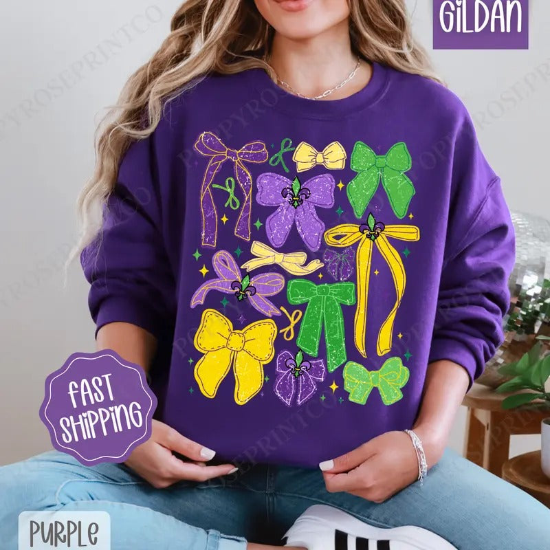 Mardi Gras Bows Sweatshirt, Coquette Mardi Gras Crewneck, Holiday Women's Sweater T-Shirts, Hoodie | HypeDripTees.com