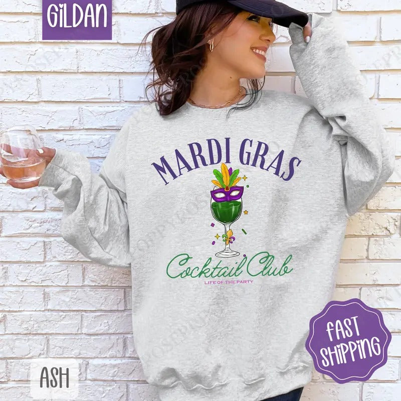 Mardi Gras Cocktail Club Sweatshirt, Louisiana Parade Crewneck, Holiday Women's Sweater T-Shirts, Hoodie | HypeDripTees.com