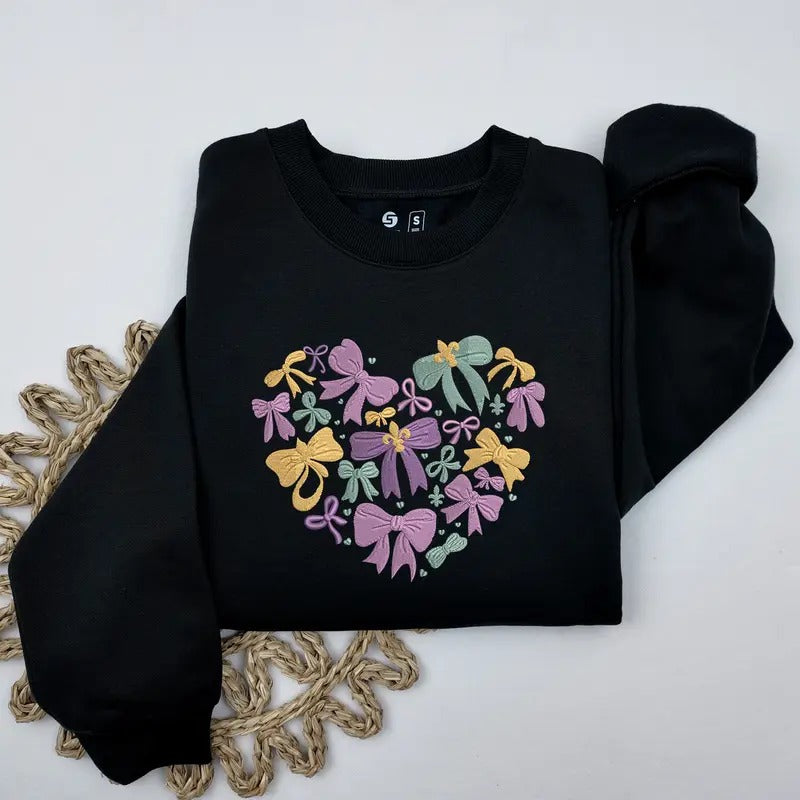 Mardi Gras Coquette Heart Embroidered Sweatshirt, Mardi Gras Party Crewneck Sweater T-Shirts, Hoodie | HypeDripTees.com