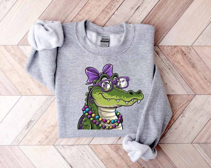Mardi Gras Crocodile T-shirt, Women Mardi Gras Sweatshirt, Mardi Gras Alligator Shirt, Fat Tuesday Shirt, Mardi Gras...
