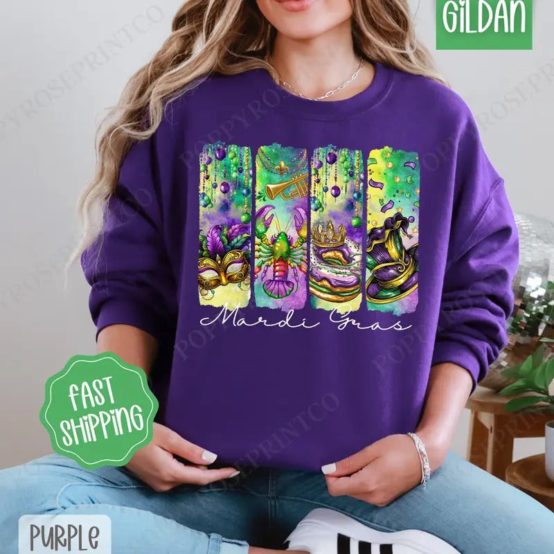 Mardi Gras Sweatshirt, Fat Tuesday Crewneck, Louisiana Women's Sweater T-Shirts, Hoodie | HypeDripTees.com