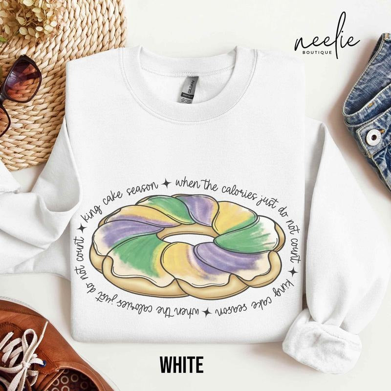Mardi Gras Sweatshirt, King Cake Calories Funny Mardi Gras 2025 Parade Party Crewneck Sweater T-Shirts, Hoodie