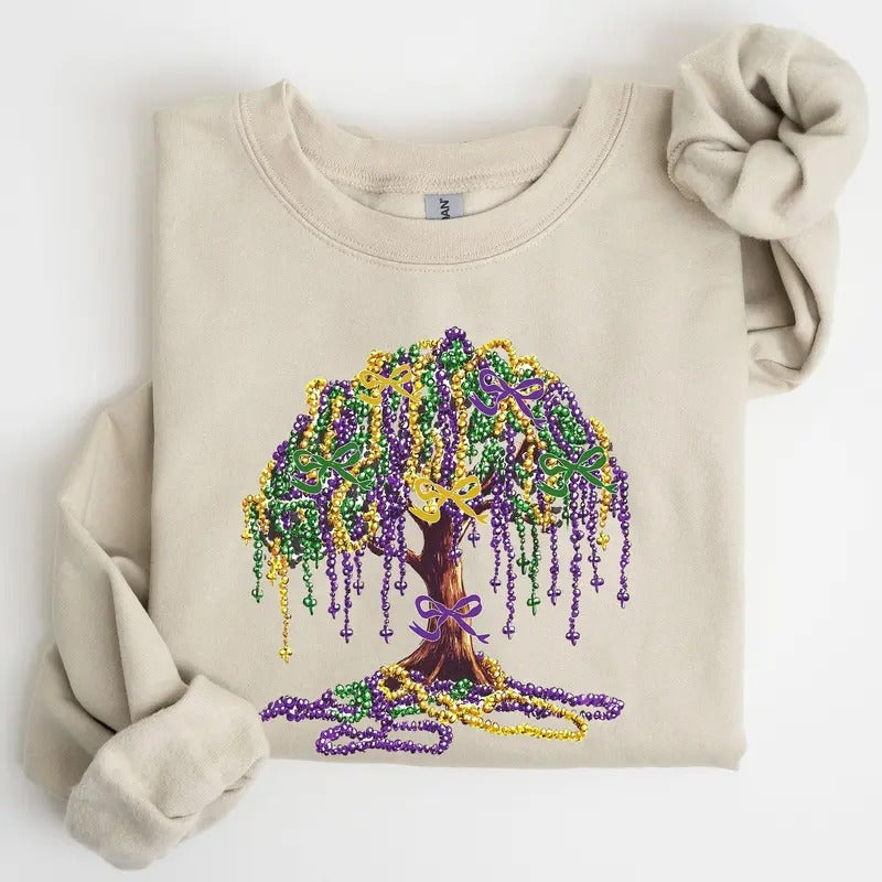 Mardi Gras, Bead Tree, Coquette, Carnival, Fleur de Lis, Fat Tuesday, Parade Sweatshirt, Crew Neck, Women's, Crewneck...