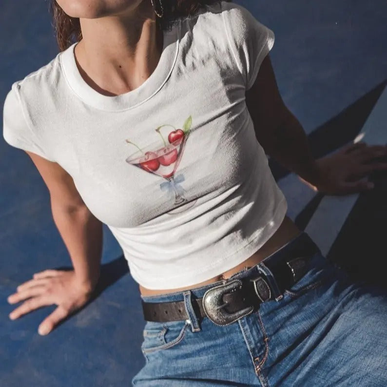 Martini Glass baby tee, Cherry martini shirt, 90s style clothing, y2k baby tee Hoodie, Sweatshirt | HypeDripTees.com