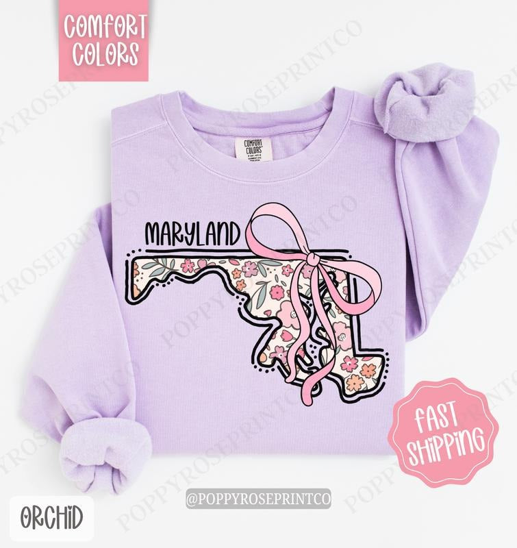 Maryland Floral Comfort Colors Sweatshirt, Maryland Sweatshirt, Cute Bow Maryland Sweatshirt T-Shirts, Hoodie