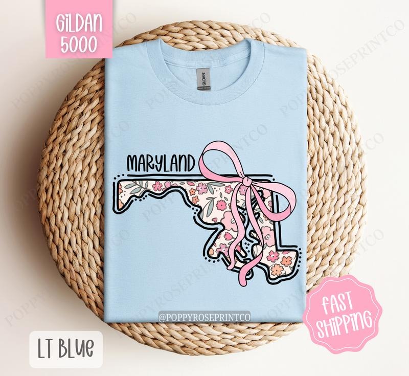 Maryland Gildan T-shirt, Cute Maryland State Shirt, Maryland Floral Bow Tee Hoodie, Sweatshirt | HypeDripTees.com