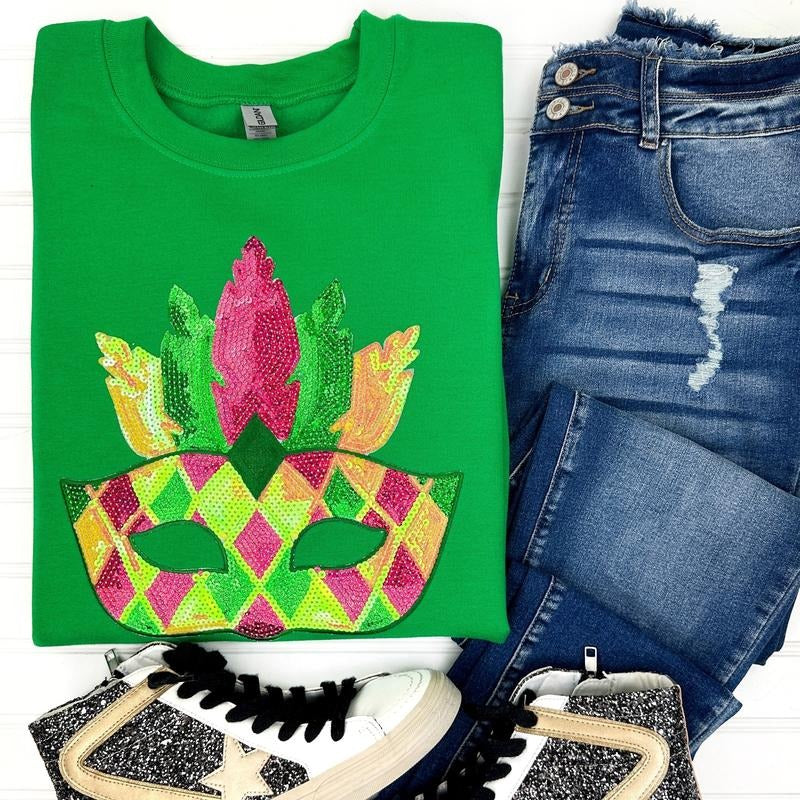 Masquerade Sequin Patch Gildan Sweatshirt -- KELLY GREEN T-Shirts, Hoodie | HypeDripTees.com