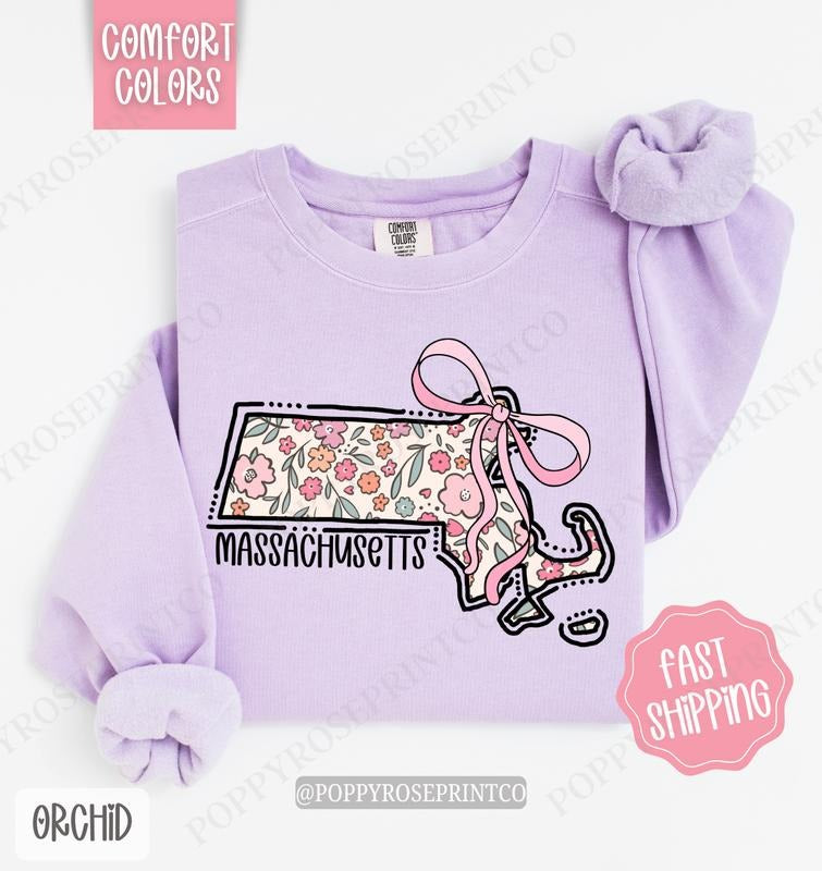 Massachusetts Floral Comfort Colors Sweatshirt, Massachusetts Sweatshirt, Cute Bow Massachusetts Sweatshirt T-Shirts, Hoodie