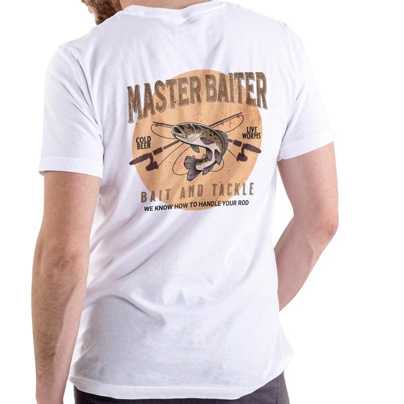Master Baiter Bait and Tackle Unisex Cotton Graphic T Shirt with Fishing Design and Text Cold Beer Live Worms We Know How...