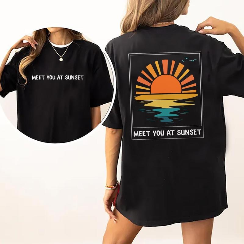 Meet You At Sunset Vintage Tee, Sunset Rays Wavy Graphic Tee Women, Sunshine Unhinged Shirts For Women, Beachy Vibes...