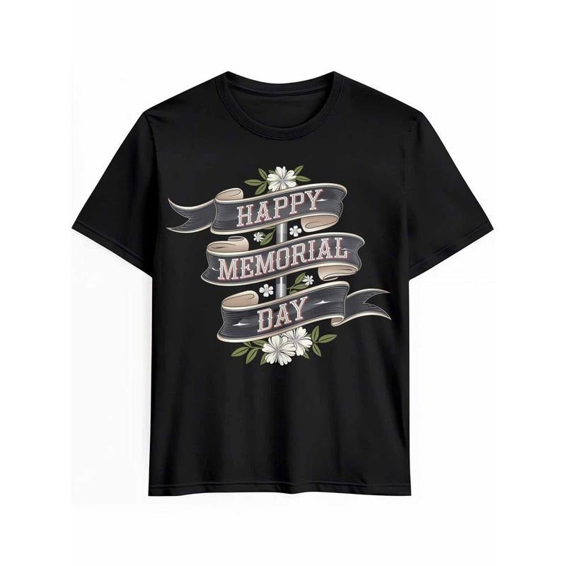 Memorial Day Patriotic T-Shirt - Curved Black Ribbon Floral & Leaf Design with "Happy Memorial Day" Text - 100% Cotton...