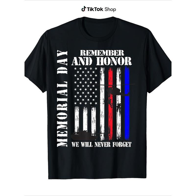 Memorial Day Remember Honor Never Forget Veterans American Flag T-Shirt- Cotton, Distressed Graphic Printing, Patriotic...