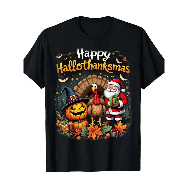 Men'S Happy Hallothanksmas Graphic T-Shirt - Santa, Pumpkin, Autumn Leaves Design - Lightweight All-Season Casual Tee For...