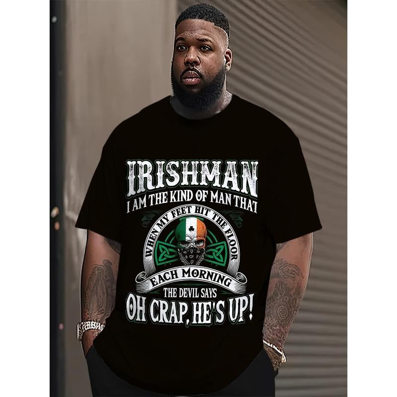 Men'S Irishman Graphic Tee, Casual Crew Neck Short Sleeve T-Shirt with Cartoon Skull Clover Print, Knit Cotton Fabric,...