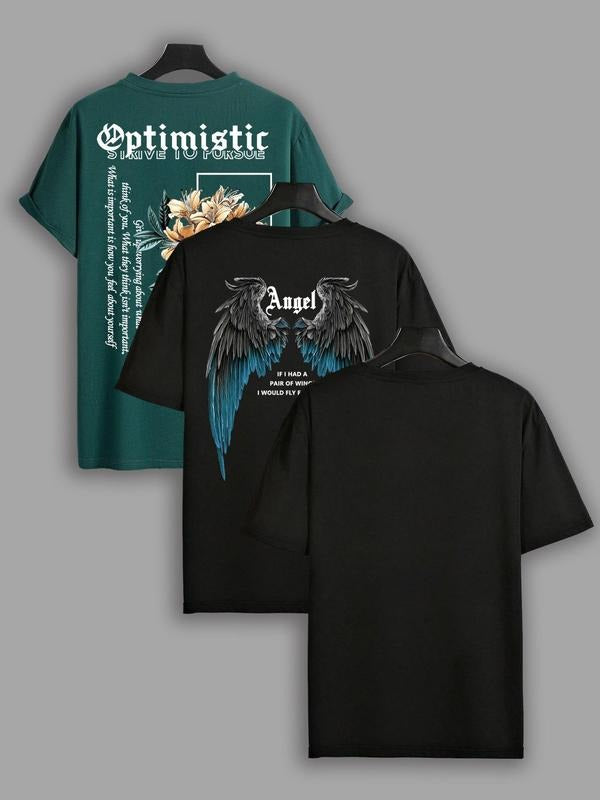 Men's  Angel Wing & Floral & Letter Print Round Neck Tee, Casual Regular Fit Short Sleeve  T-shirt for Summer, Fashion...