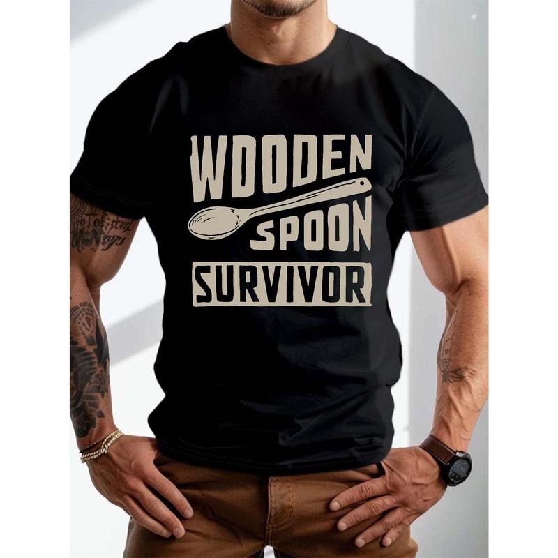 Men's  Casual T-Shirt With "Wooden Spoon Survivor" Graphic Print, Short Sleeve Crew Neck Summer Trendy Top For Daily...