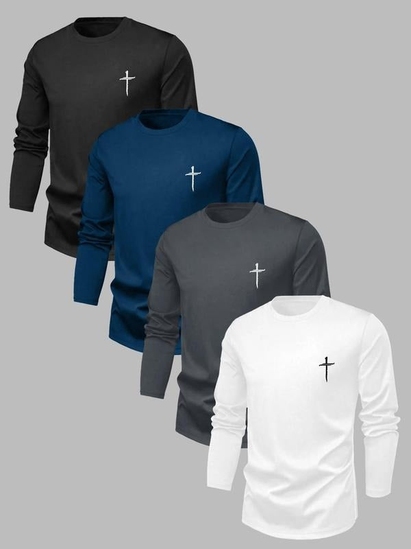 Men's  Cross Print Long Sleeve Tee, Regular Fit Casual Round Neck T-shirt for Spring, Men's Top for Daily Wear Hoodie,...