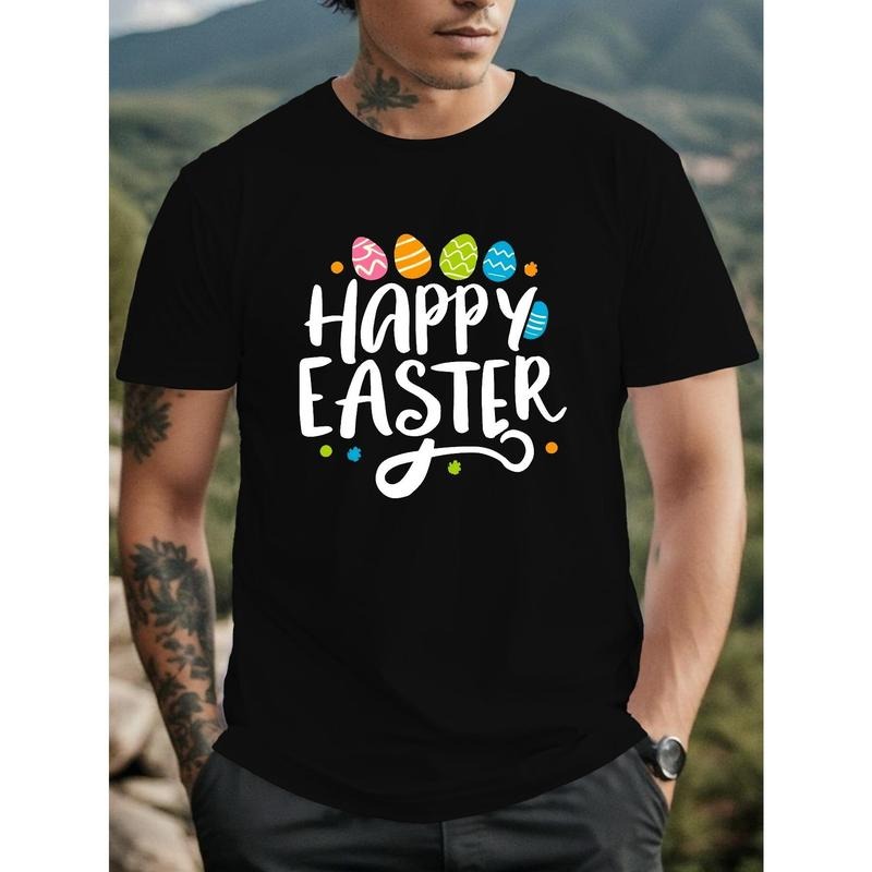Men's "Happy Easter" Graphic Print T-shirt For Summer, Casual Stylish Short Sleeve Tees For Males, Street Style Tops Made...