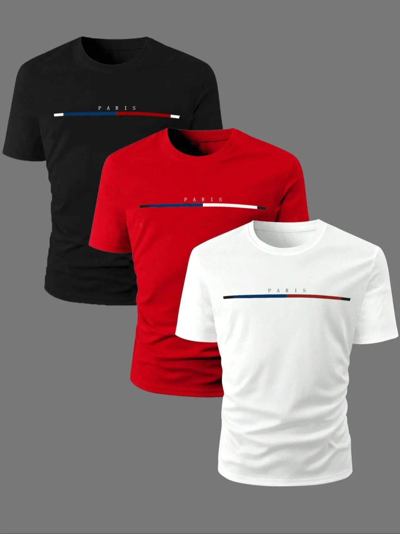 Men's "Paris" Letter & Striped Print Round Neck Tee, Regular Fit Short Sleeve Crew Neck T-Shirt for Summer, Casual Men's...