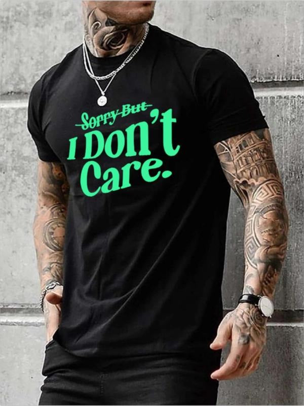 Men's "Sorry But I Don't Care" Slogan Print Round Neck Tee, Regular Fit Crew Neck Short Sleeve T-Shirt, Knitting Top for...