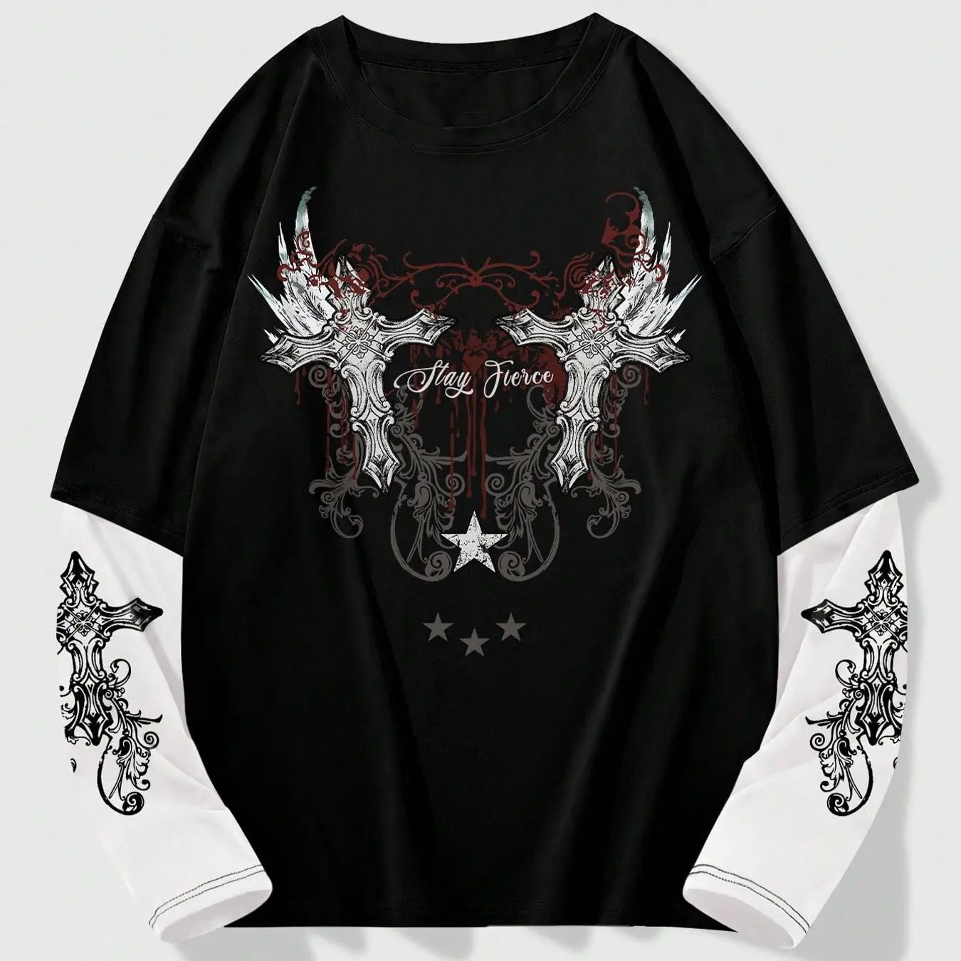 Men's 2 in 1 Colorblock Cross Print Drop Shoulder Tee, Street Fashion Casual Long Sleeve Round Neck T-shirt for Daily...