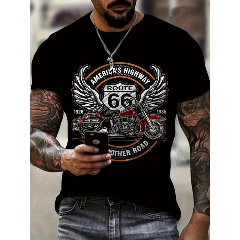 Men's 3D Digital Motorcycle And "ROUTE 66" Road Sign With Wings Pattern Crew Neck T-shirt, Summer Top For Outdoors And...