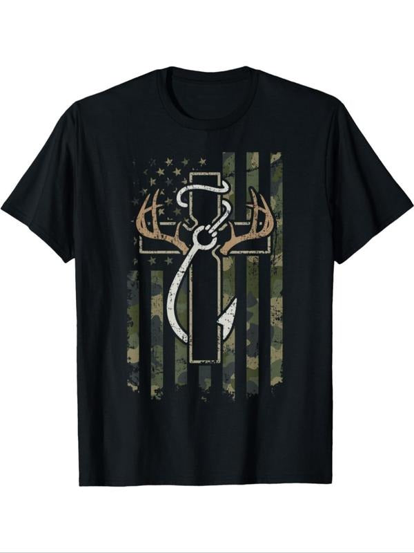 Men's American Flag & Cross Print Round Neck Tee, Loose Casual Camo Print Short Sleeve T-shirt for Daily Wear, Men's Top...