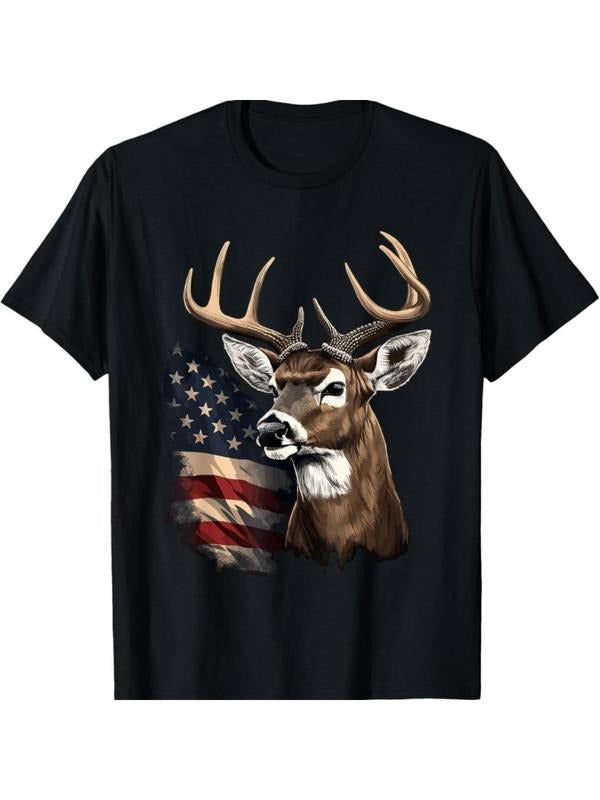 Men's American Flag & Deer Print Round Neck Tee, Loose Casual Fashion Short Sleeve T-shirt for Daily Wear, Men's Top for...