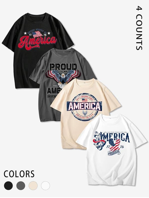 Men's American Flag & Letter Print Round Neck Tee, Regular Fit Casual Short Sleeve T-shirt, Men's Top for Summer Daily...
