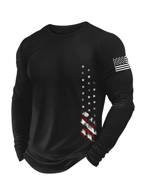 Men's American Flag Print Round Neck Long Sleeve Tee, Regular Fit Casual Crew Neck T-shirt for Spring & Fall, Fashion...