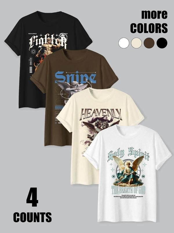 Men's Angel & Letter Print Round Neck Tee, Loose Casual Short Sleeve T-shirt for Summer, Men's Top for Daily Wear,...