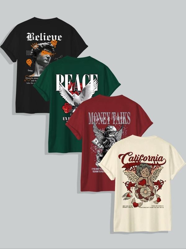 Men's Angel & Letter Print Round Neck Tee, Regular Fit Casual Short Sleeve T-shirt, Casual Streetwear Top, Men's Summer...