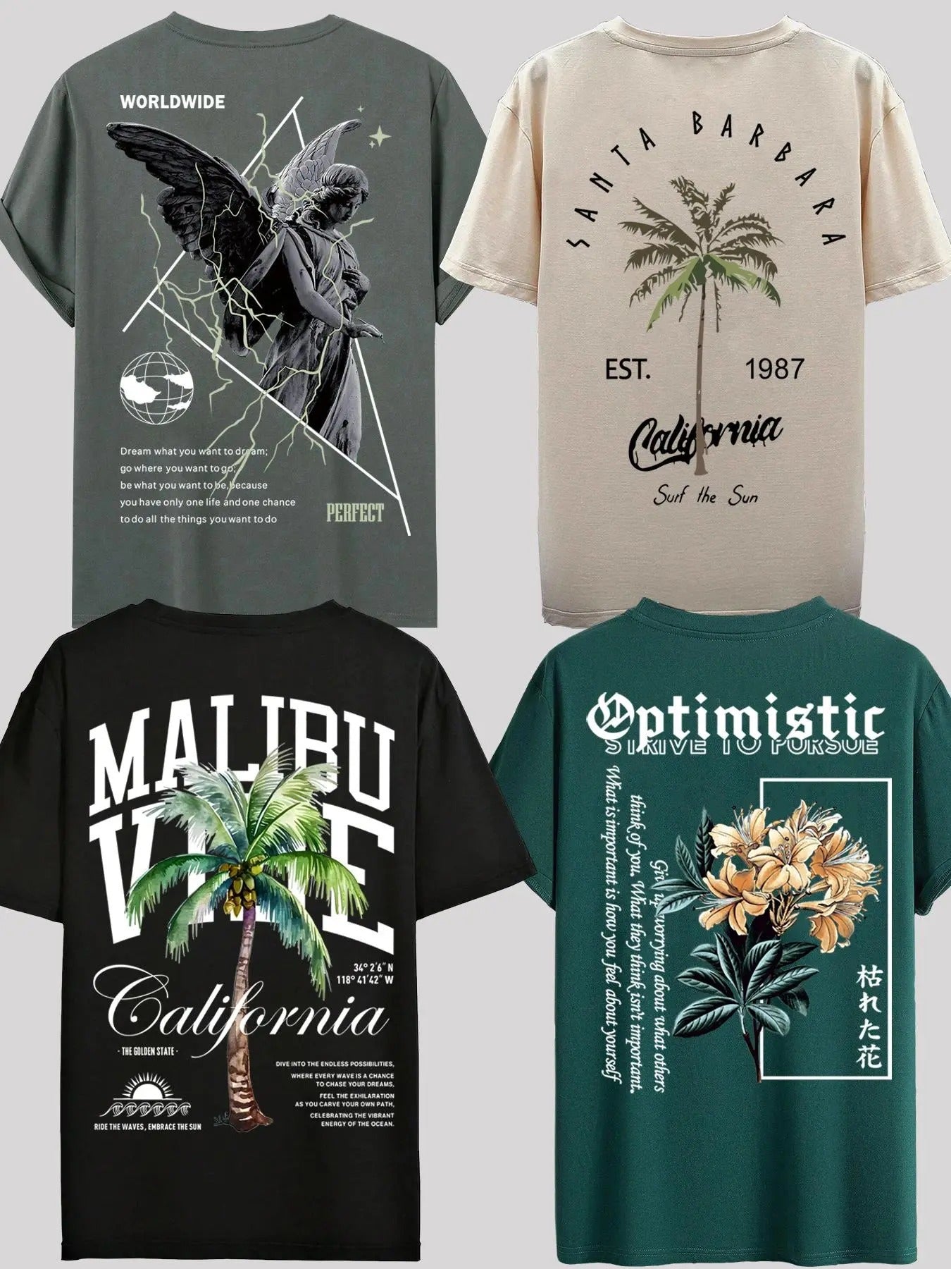 Men's Angel & Palm Tree & Floral Graphic Print Round Neck Tee, Regular Fit Casual Short Sleeve T-shirt, Men's Summer Top...